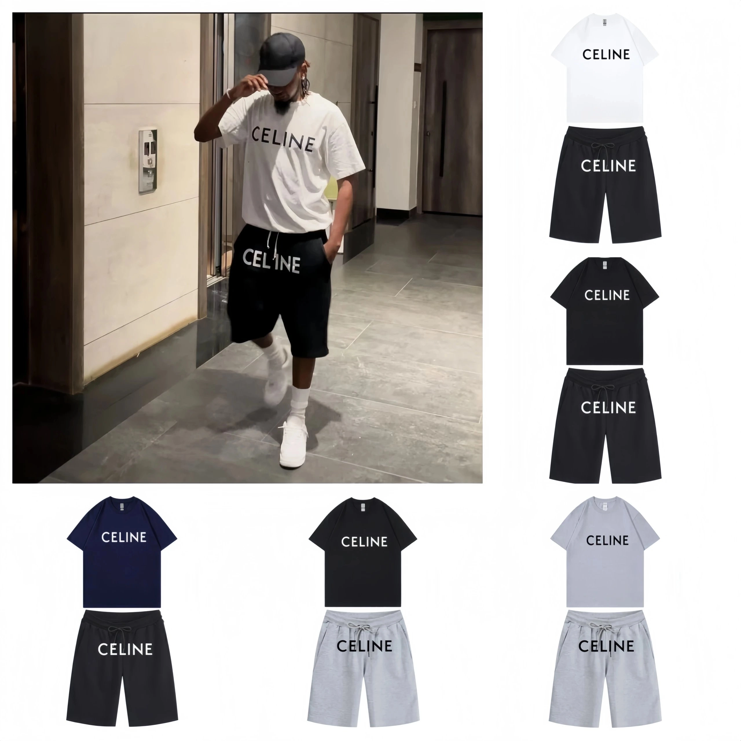 CELINE Logo Print Short Sleeve T-Shirt and Shorts Set