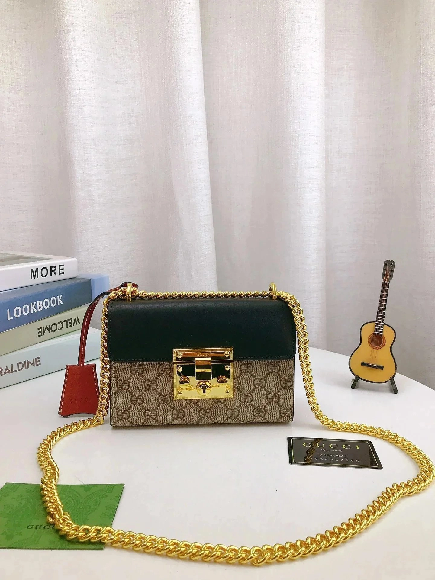 Gucci GG Marmont Mini Bag with Green Leather and Gold Chain