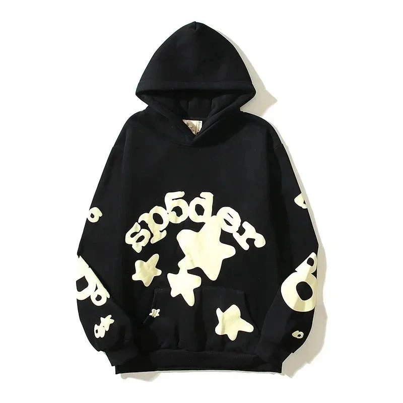 Sp5der Black Hoodie with Glow-in-Dark Stars and Logo Print