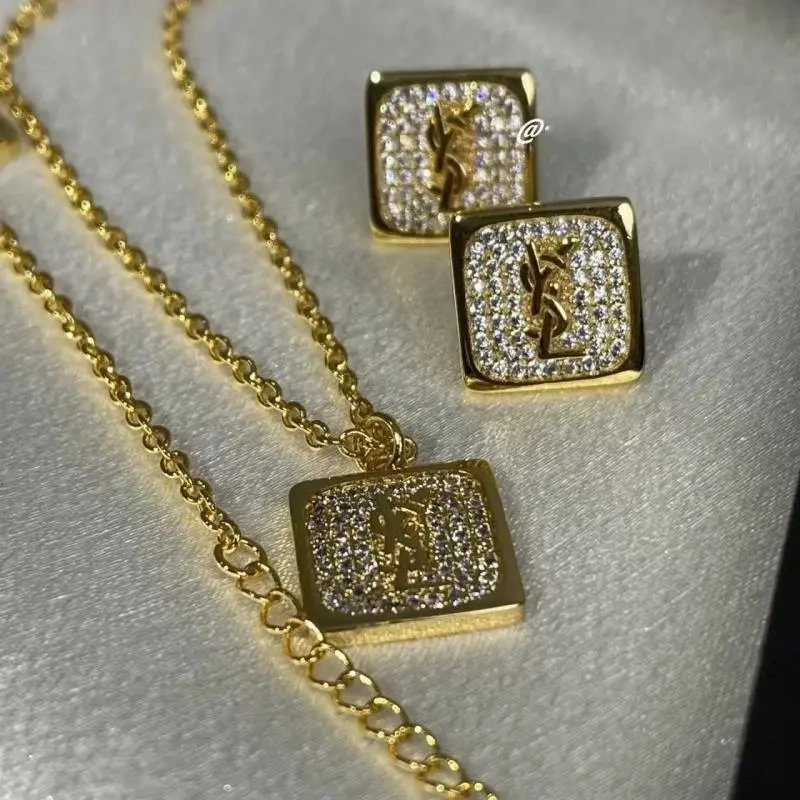 YSL Monogram Square Pendant Necklace and Earrings Set Gold