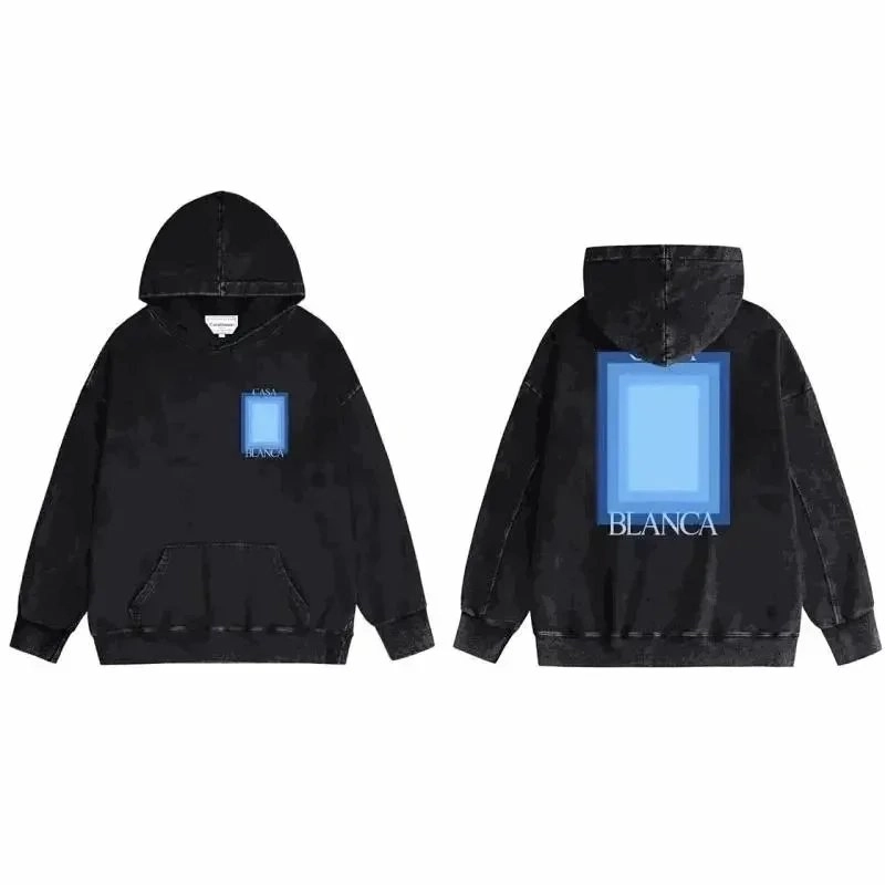 CASA BLANCA Black Acid-Wash Hoodie with Blue Gradient Logo
