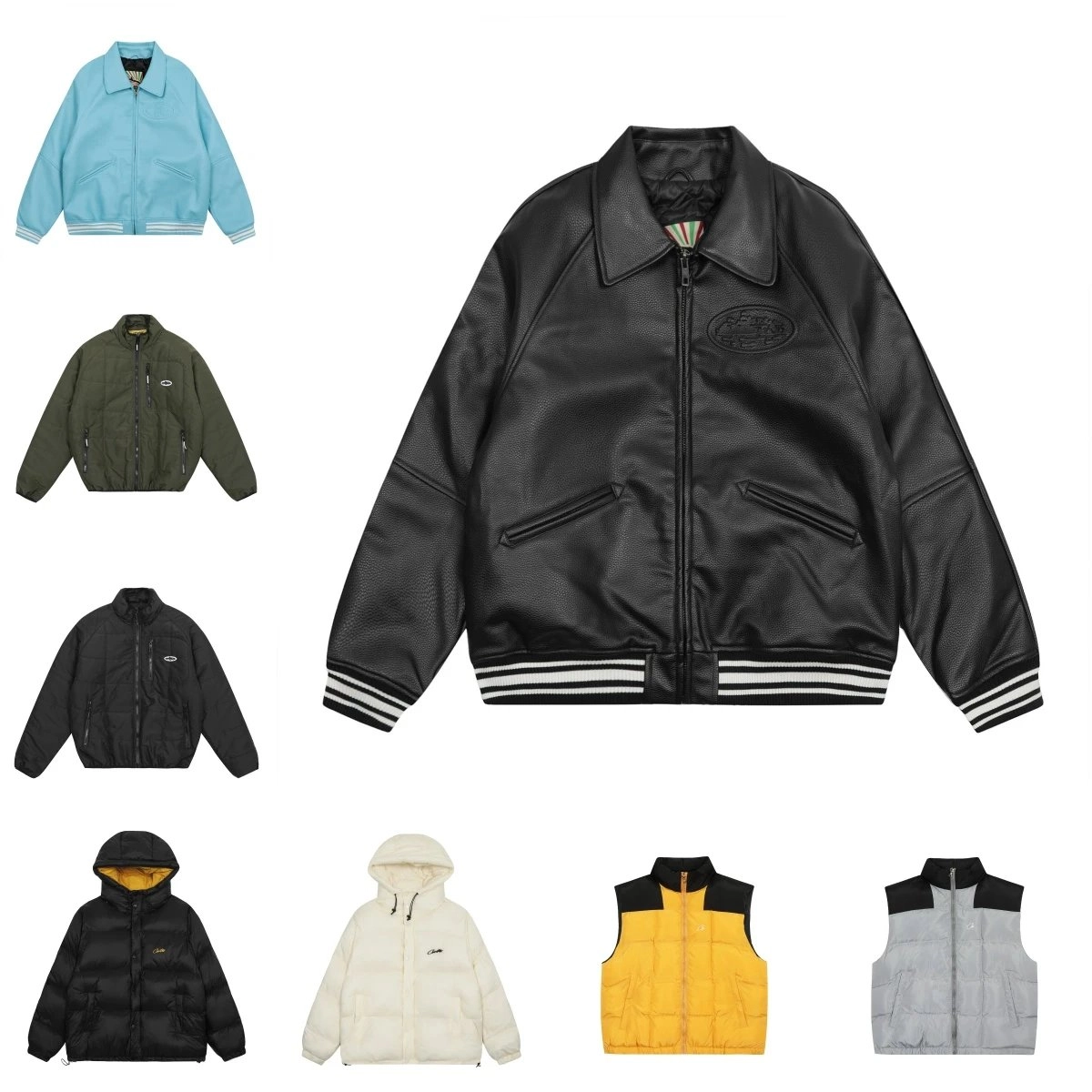 Corteiz Black Leather Baseball Jacket with Striped Cuffs