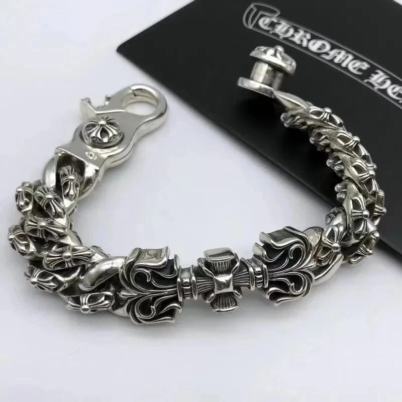 Chrome Hearts Silver Cross Motif Link Bracelet with Lobster Clasp