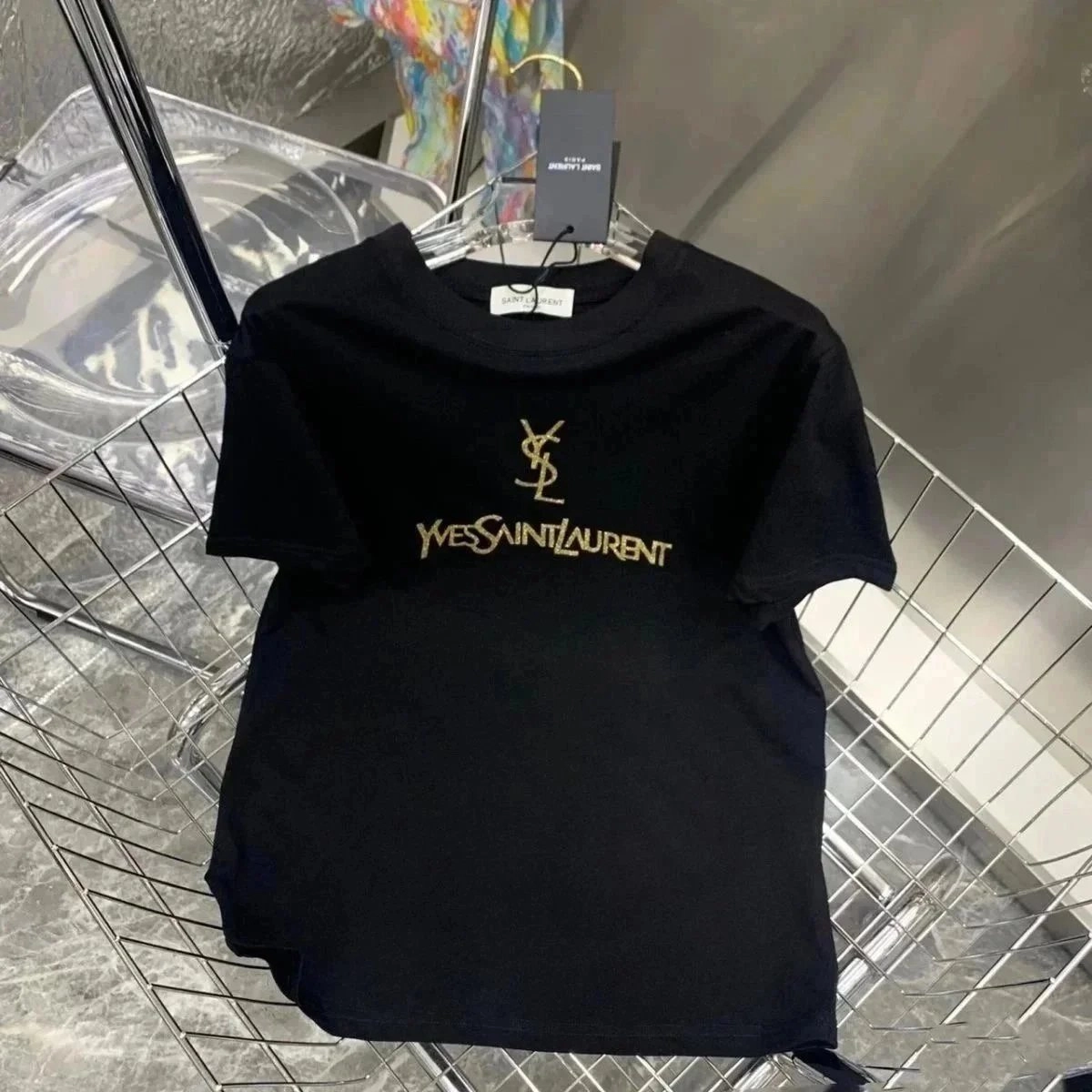 Saint Laurent Black T-Shirt with Gold Logo Embroidery