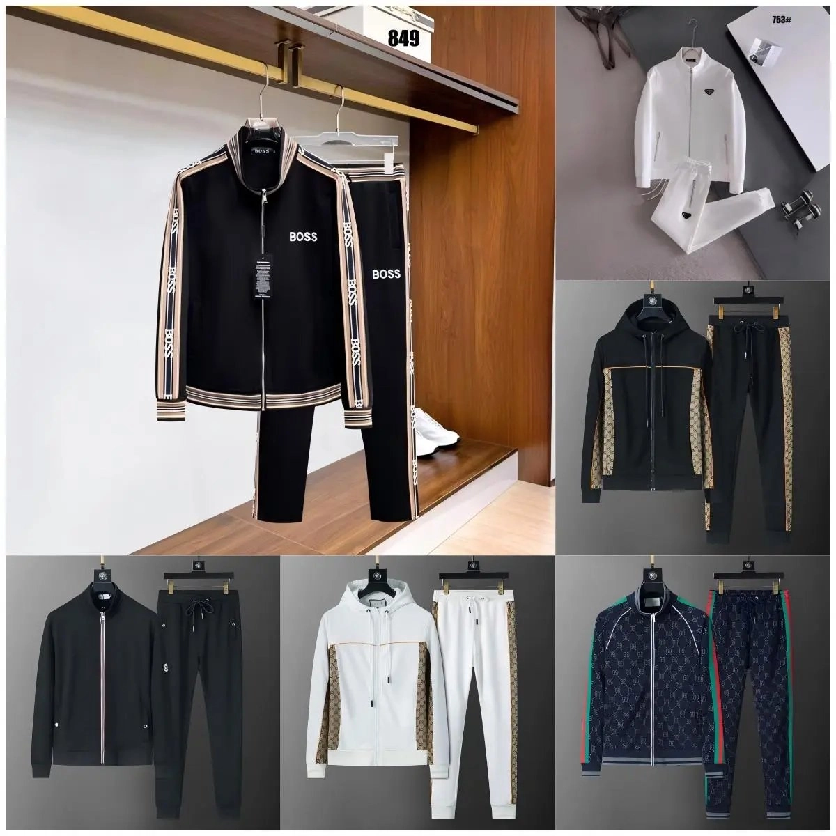BOSS Black Track Suit with Beige Logo Stripes and Zipper Front