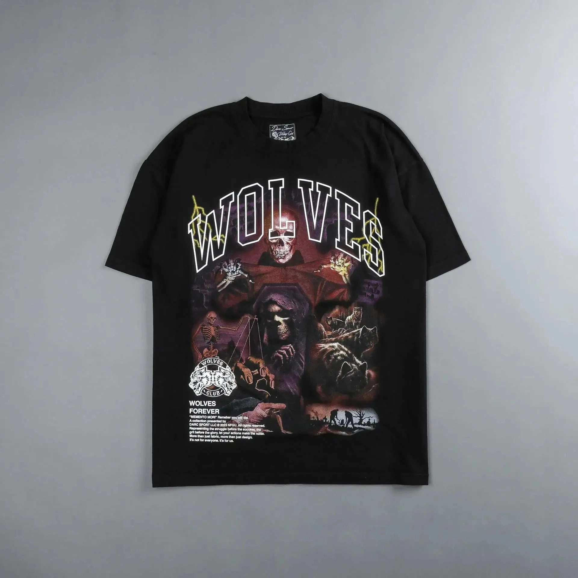 Wolves Club Gothic Skull Wolf Graphic T-Shirt Black