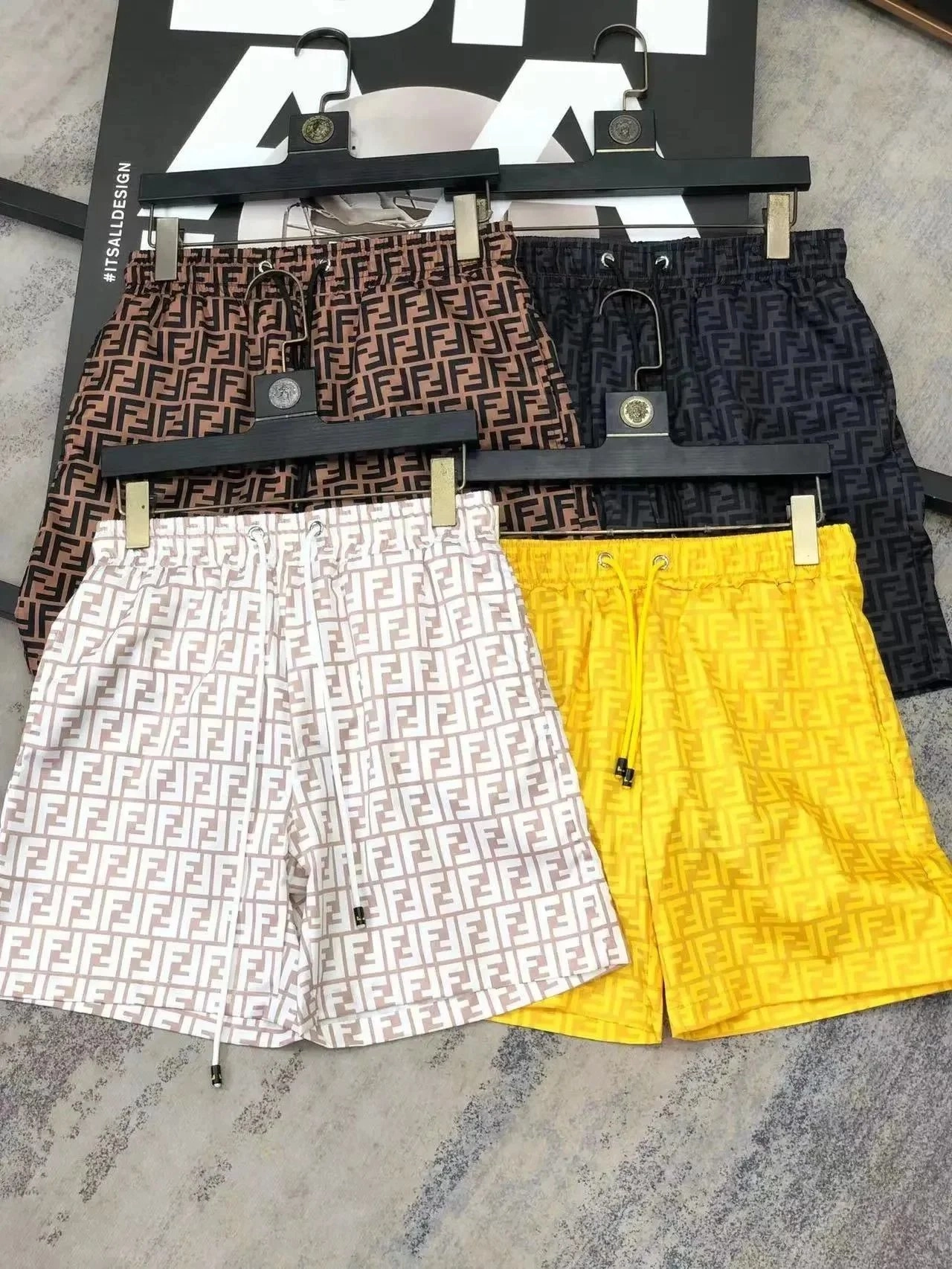 Fendi FF Logo Swim Shorts - Brown Black White Yellow Pattern