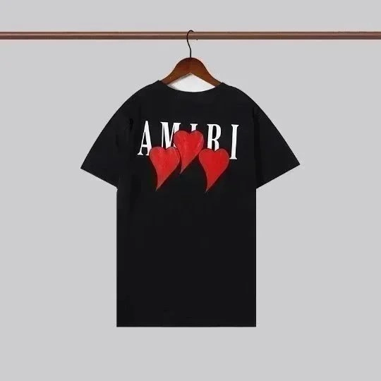 AMIRI Black T-Shirt with Triple Red Hearts Graphic Print