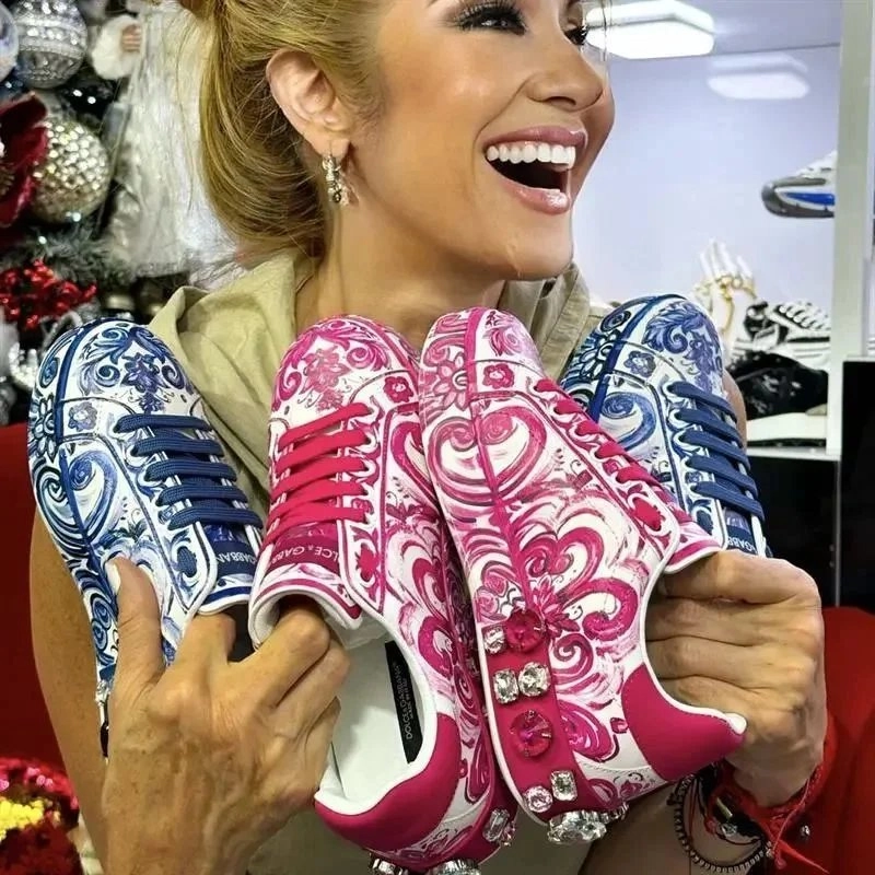 Dolce & Gabbana Porcelain Print Sneakers with Crystal Embellishments