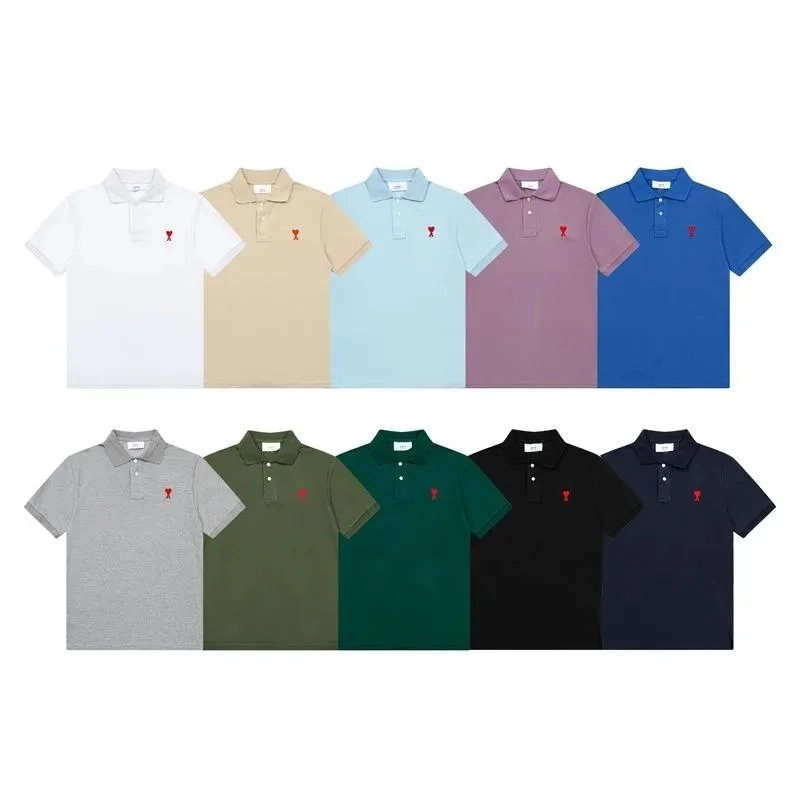 Ami Paris Classic Polo Shirt with Red Heart Embroidery