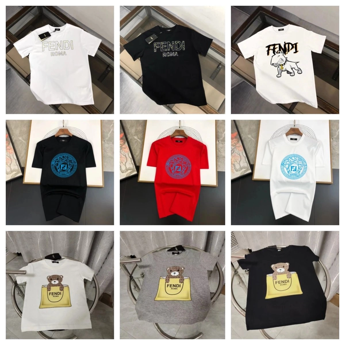 FENDI Roma Logo Print Cotton T-Shirt - White Black Red Gray