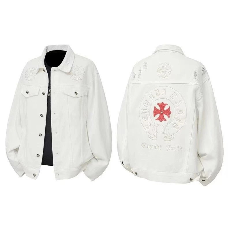 Chrome Hearts White Denim Jacket with Embroidered Cross Logo