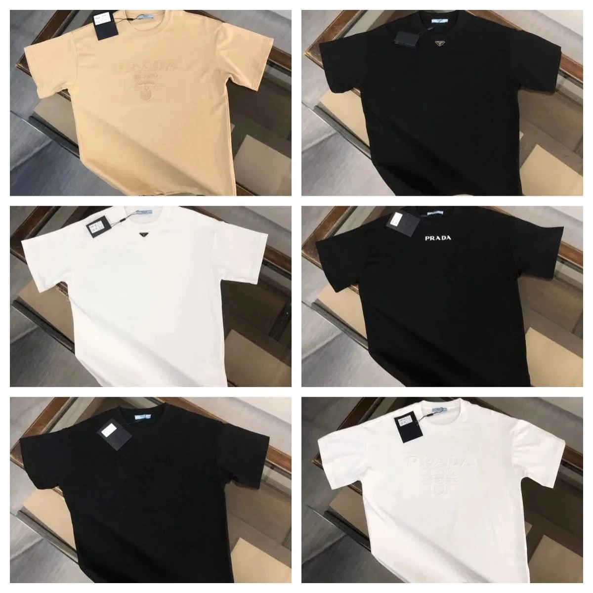 Prada Embossed Logo Cotton T-Shirt in Beige Black White