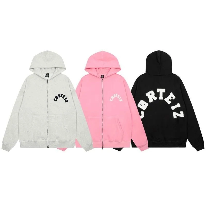 CORTEIZ Arch Logo Zip-Up Hoodie - Grey Pink Black
