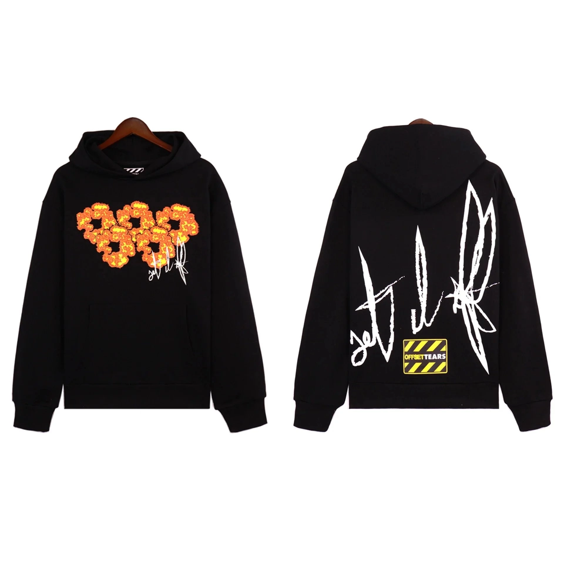 OFFSETTEARS Black Hoodie with Orange Floral Graphic and Signature Print