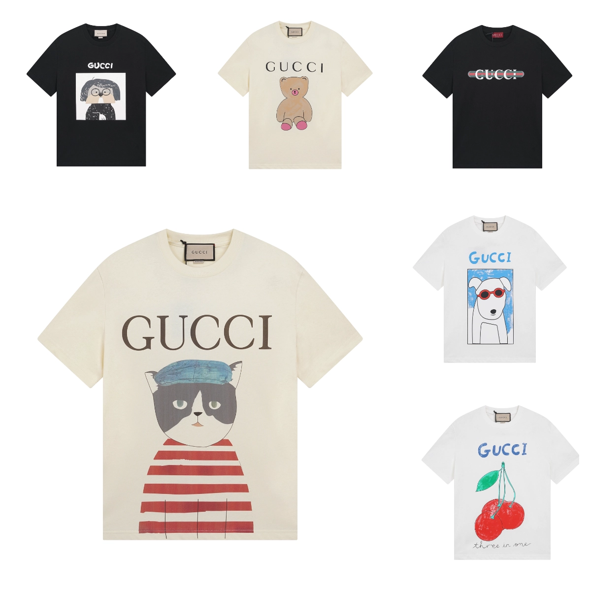 Gucci Cat in Beret Striped Tee Cream
