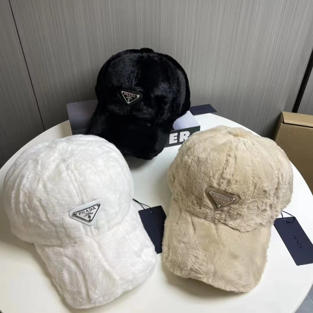 Prada Faux Fur Baseball Cap with Triangle Logo - White/Black/Beige