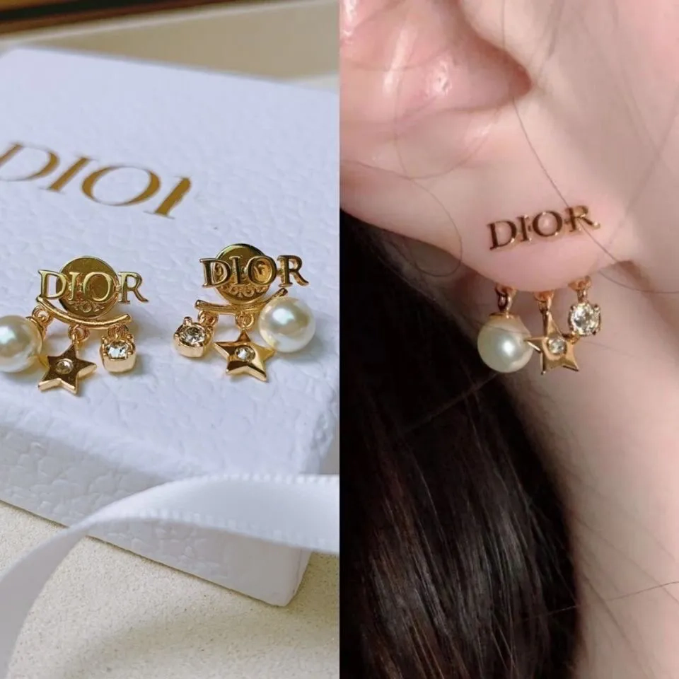 Dior Rose Gold Pearl Star Charm Earrings with Logo Disc