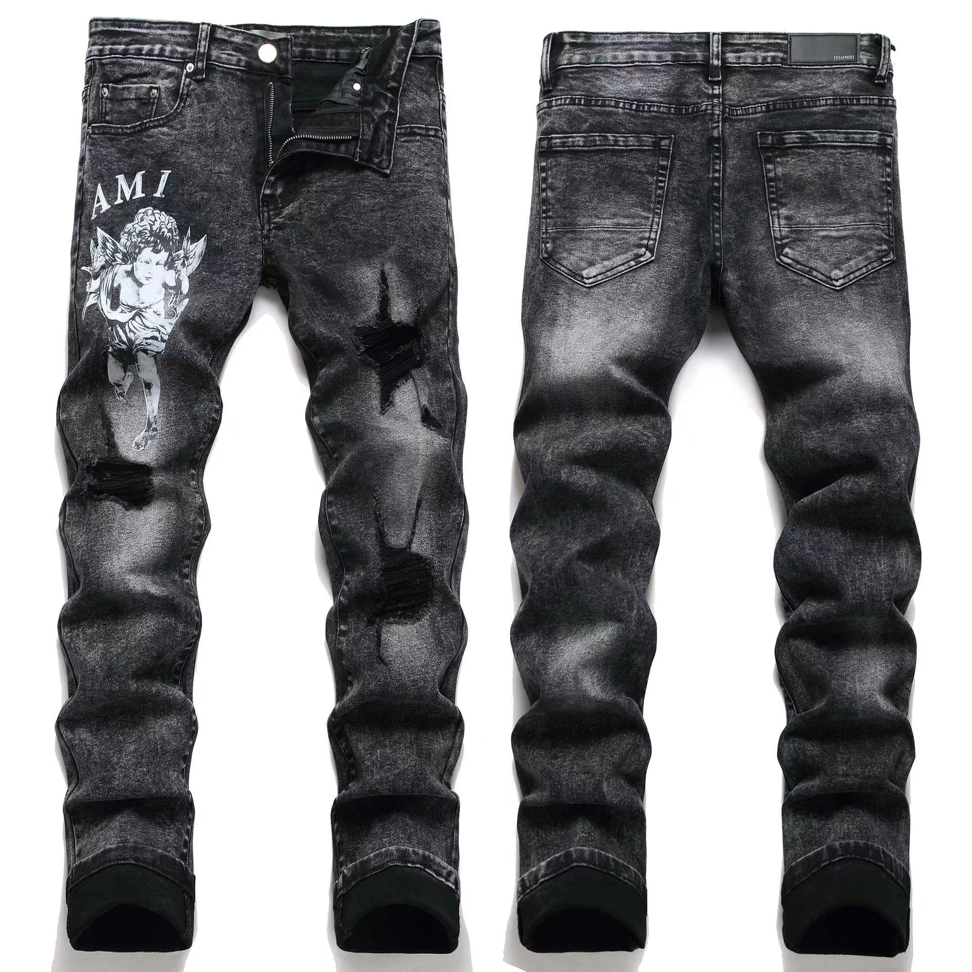 AMI Black Distressed Denim Jeans with Angel Print