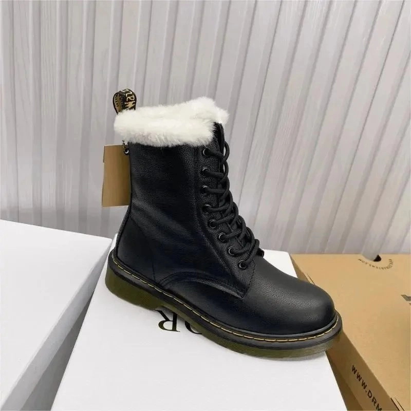 Dr. Martens 1460 Winter Boot - Black Leather with White Fur Collar