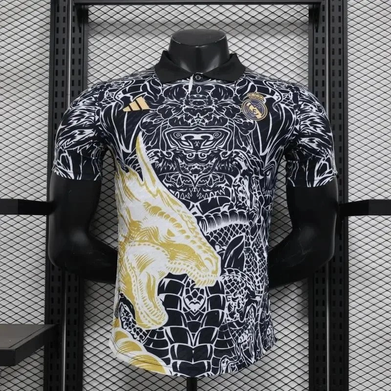 Adidas Real Madrid Dragon Print Polo Shirt Black-White-Gold