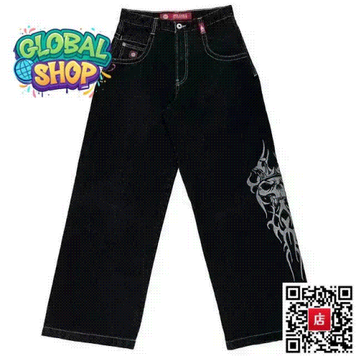 Global Shop Black Denim Pants with Tribal Skull Graphic