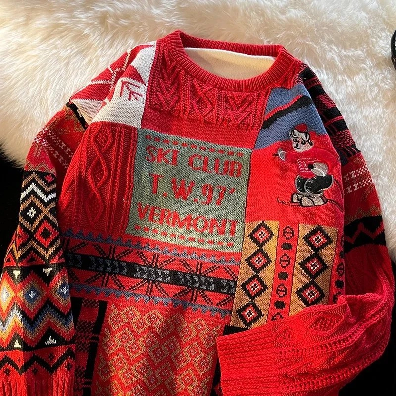 T.W.97 Ski Club Vermont Patchwork Knit Sweater - Red