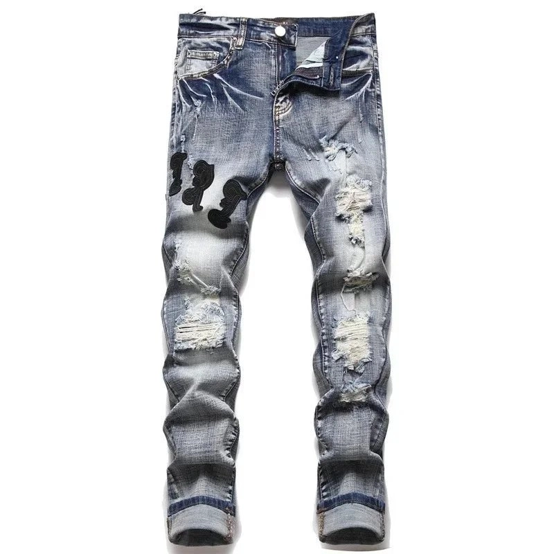 Distressed Blue Denim Jeans with Black Embroidered Skulls