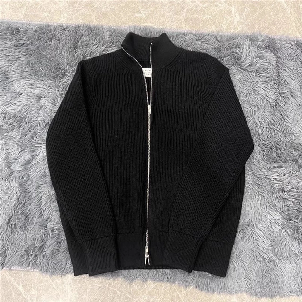 Maison Margiela Ribbed Knit Zip-Up Sweater Black