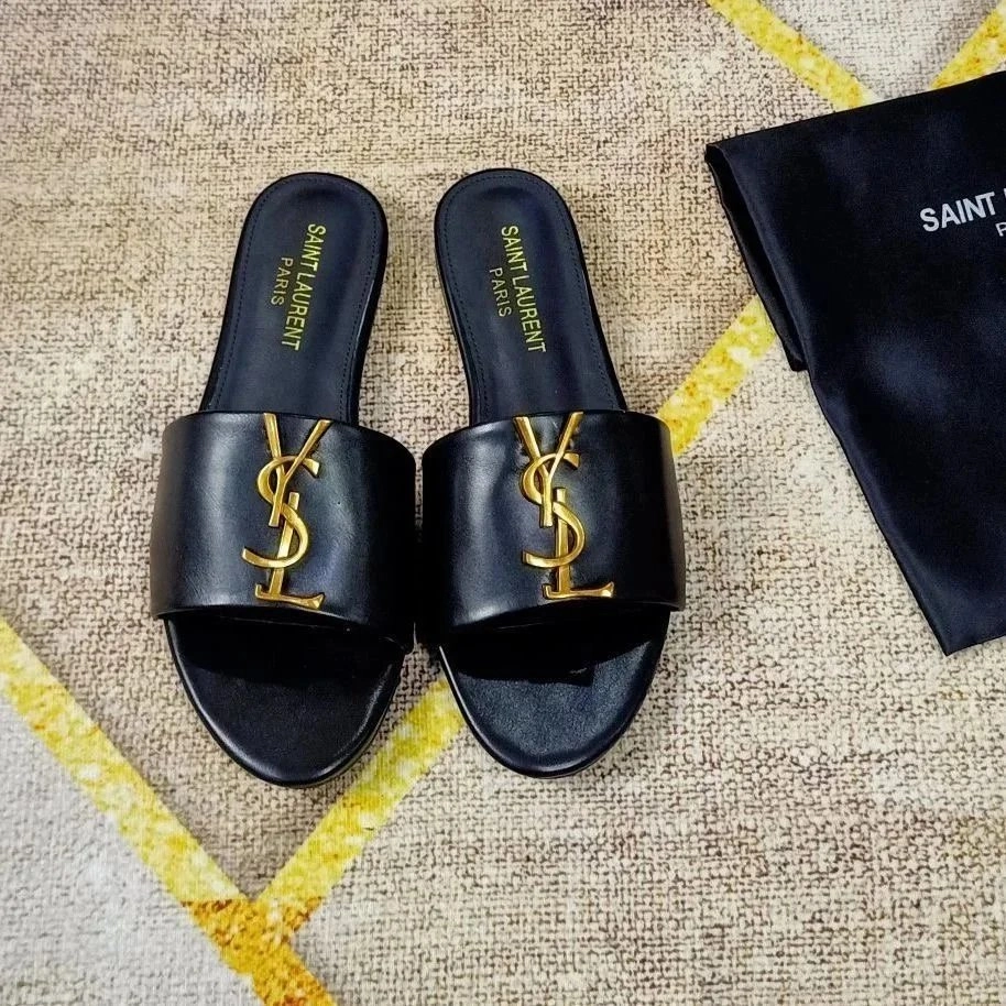 Saint Laurent Tribute Slide Sandals Black Leather Gold YSL Logo