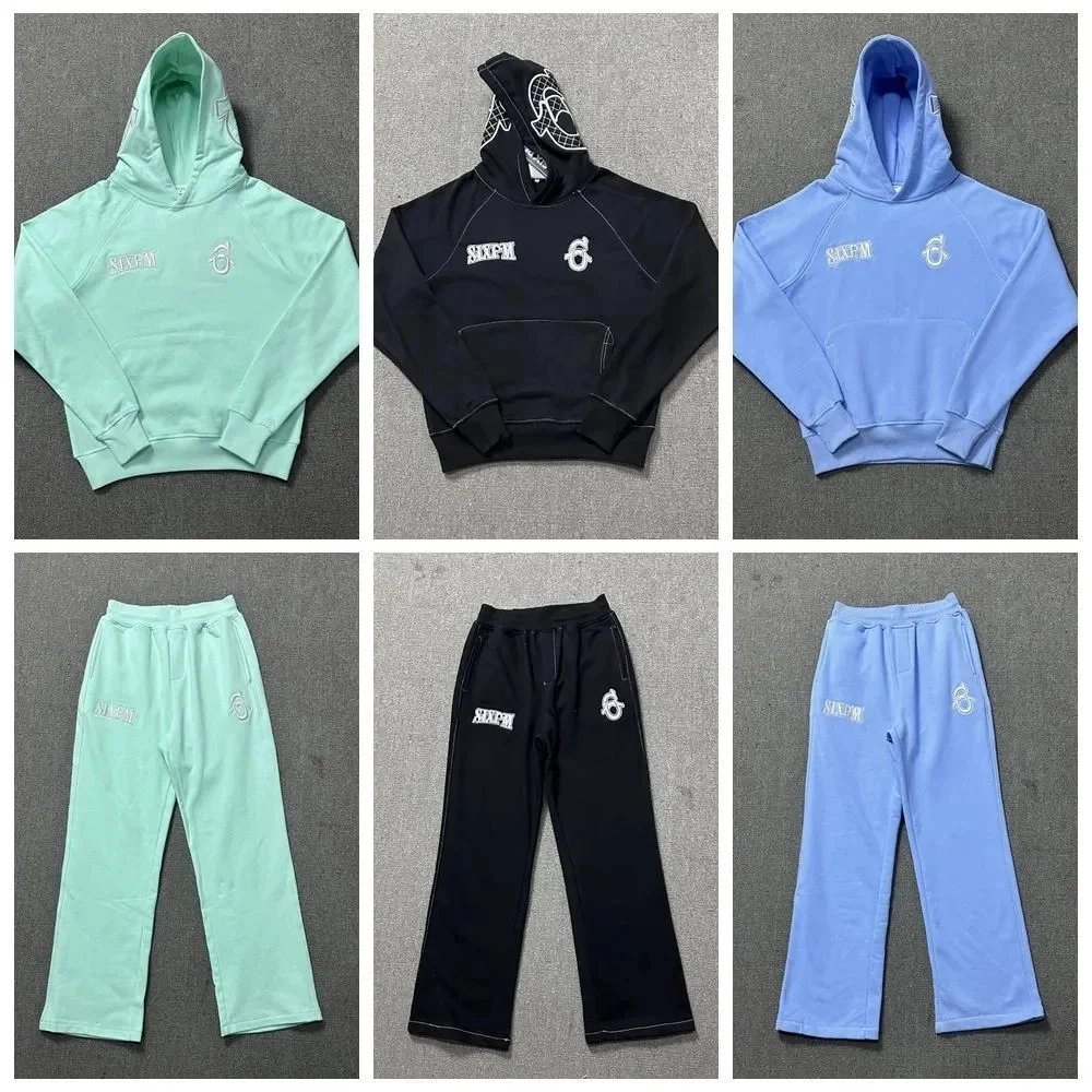 SIXPM Logo Embroidered Hoodie and Jogger Set - Mint Black Sky Blue