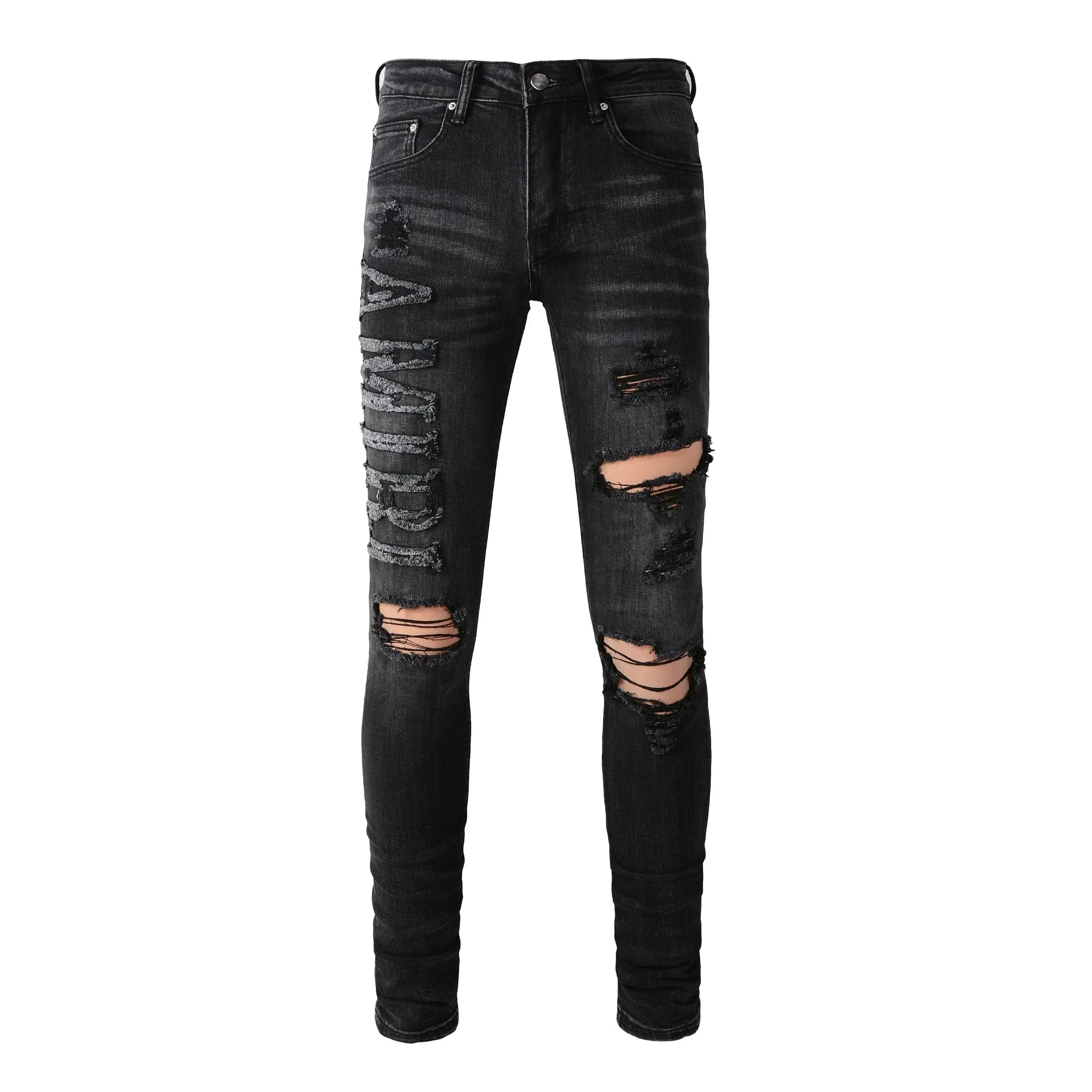 Amiri Distressed Black Skinny Jeans with Vertical Logo Rip