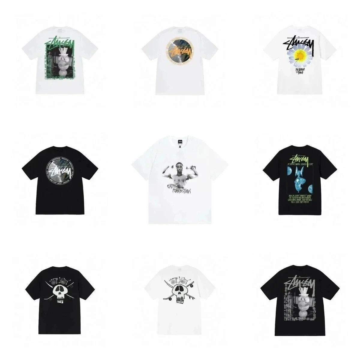 Stussy Graphic Print T-Shirt - White with Daisy and Logo