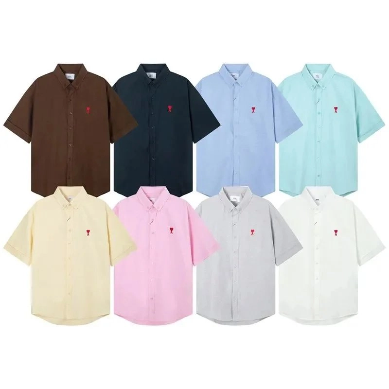 Ami Paris Short-Sleeve Button-Up Shirt with Heart Embroidery