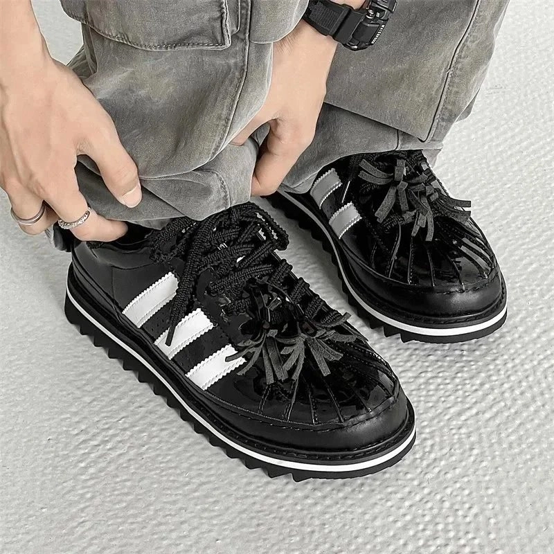 Adidas Superstar Glossy Black with White Stripes and Fringe Laces