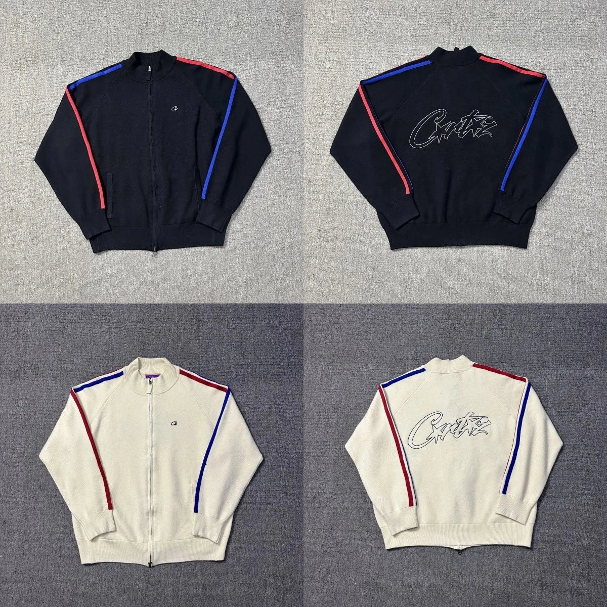 Champion Script Logo Track Jacket - Navy and Cream with Red-Blue Stripes
