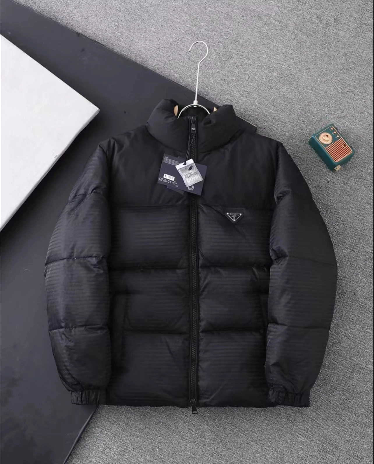 Prada Re-Nylon Puffer Jacket Black Ribbed Texture