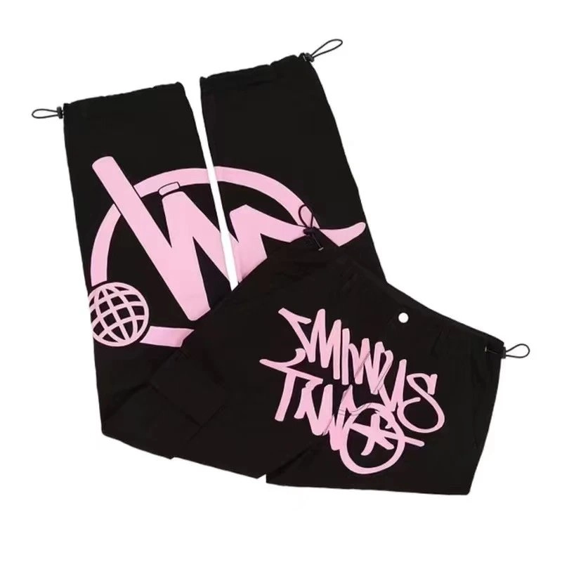 MINUS TWO Pink Logo Black Drawstring Shorts with Globe Graphic