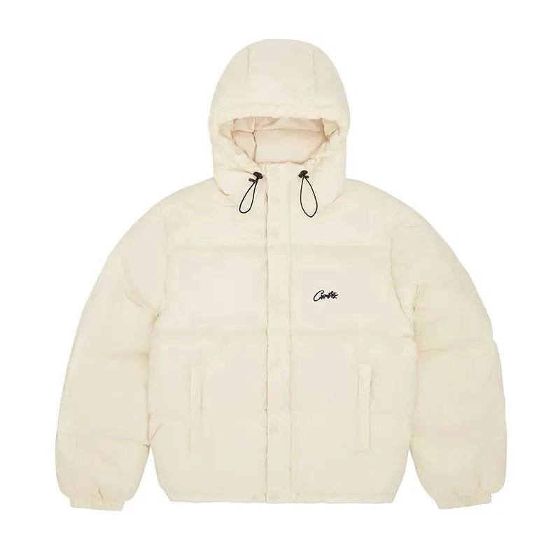 Corteiz Cream Puffer Jacket with Hood and Embroidered Logo