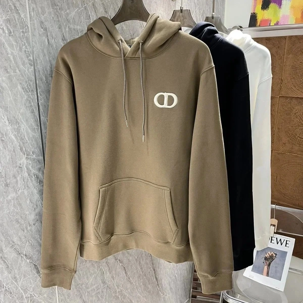 Dior Oblique Logo Hoodie - Khaki with White Embroidered CD