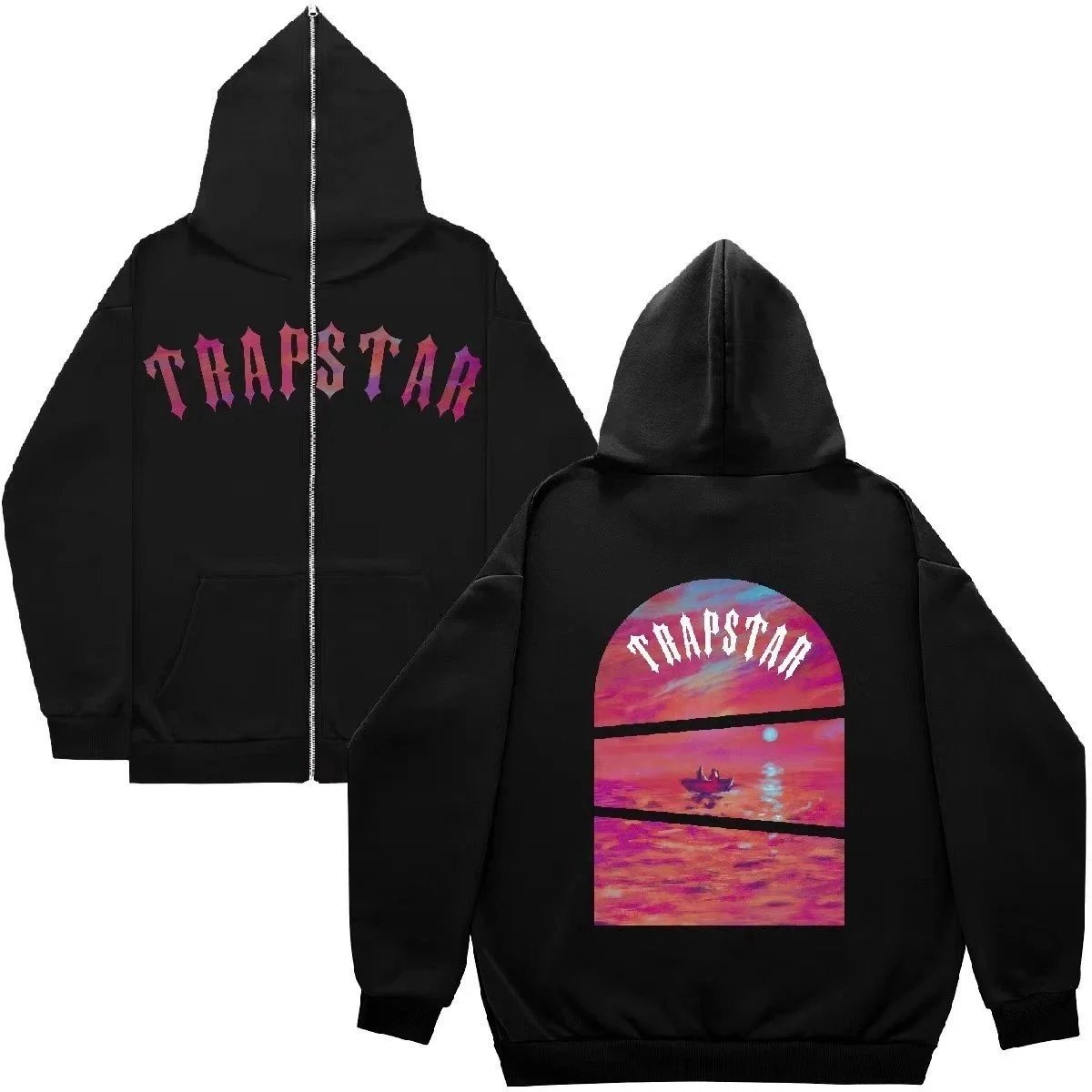 TRAPSTAR Black Zip-Up Hoodie with Gradient Logo and Sunset Graphic