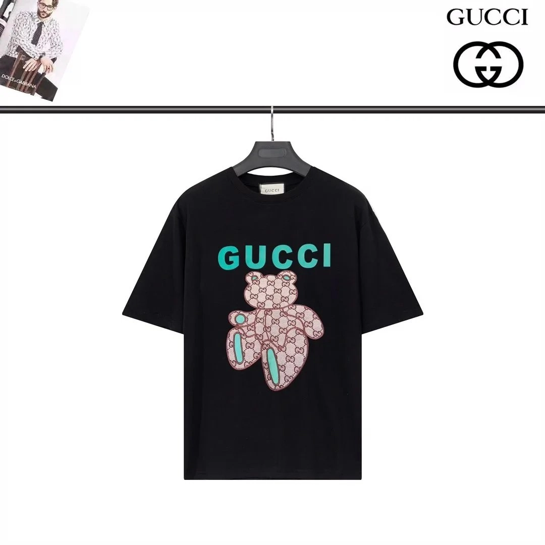 Gucci Bear Print Black T-Shirt with GG Pattern and Teal Logo