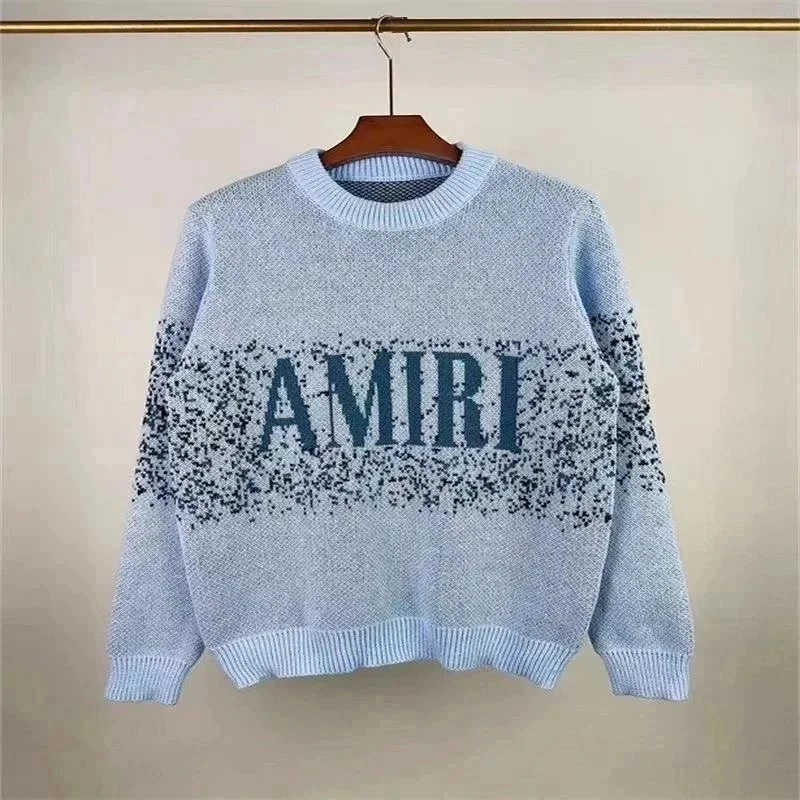 AMIRI Distressed Logo Knit Sweater - Light Blue Speckled