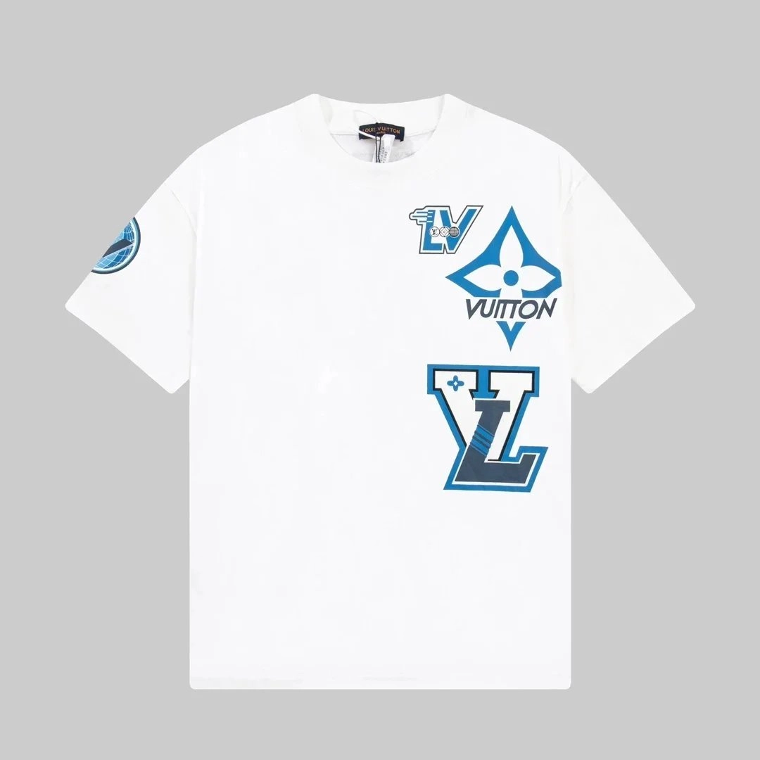Louis Vuitton White Graphic Logo T-Shirt with Blue Monogram Print