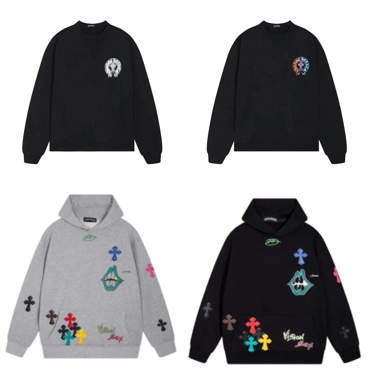 Vision Street Wear Cross Patch Hoodie Black Multi-Color Embroidery