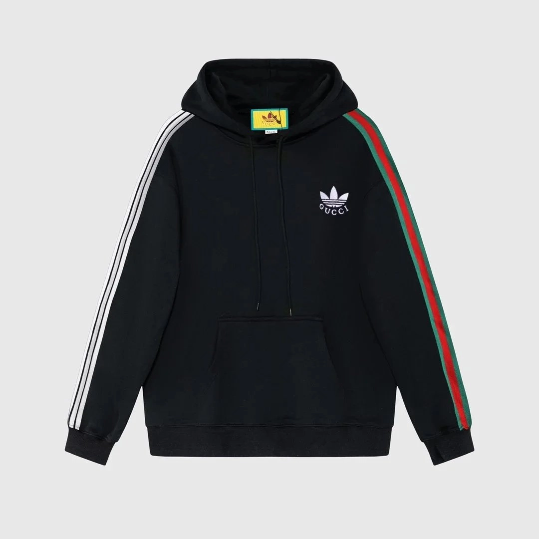 Adidas x Gucci Black Hoodie with Triple Stripes and Logo
