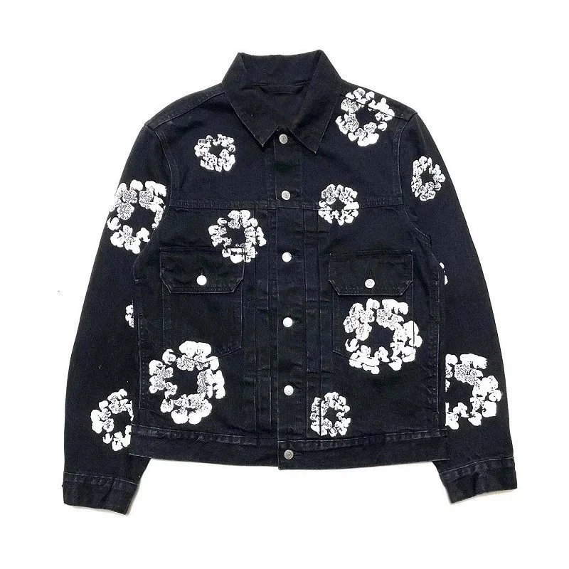 Black Denim Jacket with White Floral Embroidery Pattern