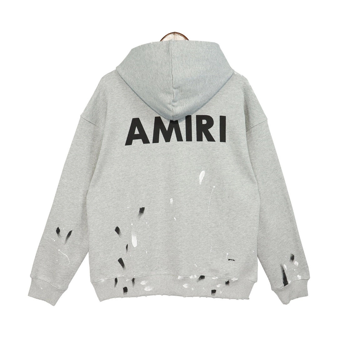 AMIRI Paint Splatter Hoodie - Light Grey with Bold Logo