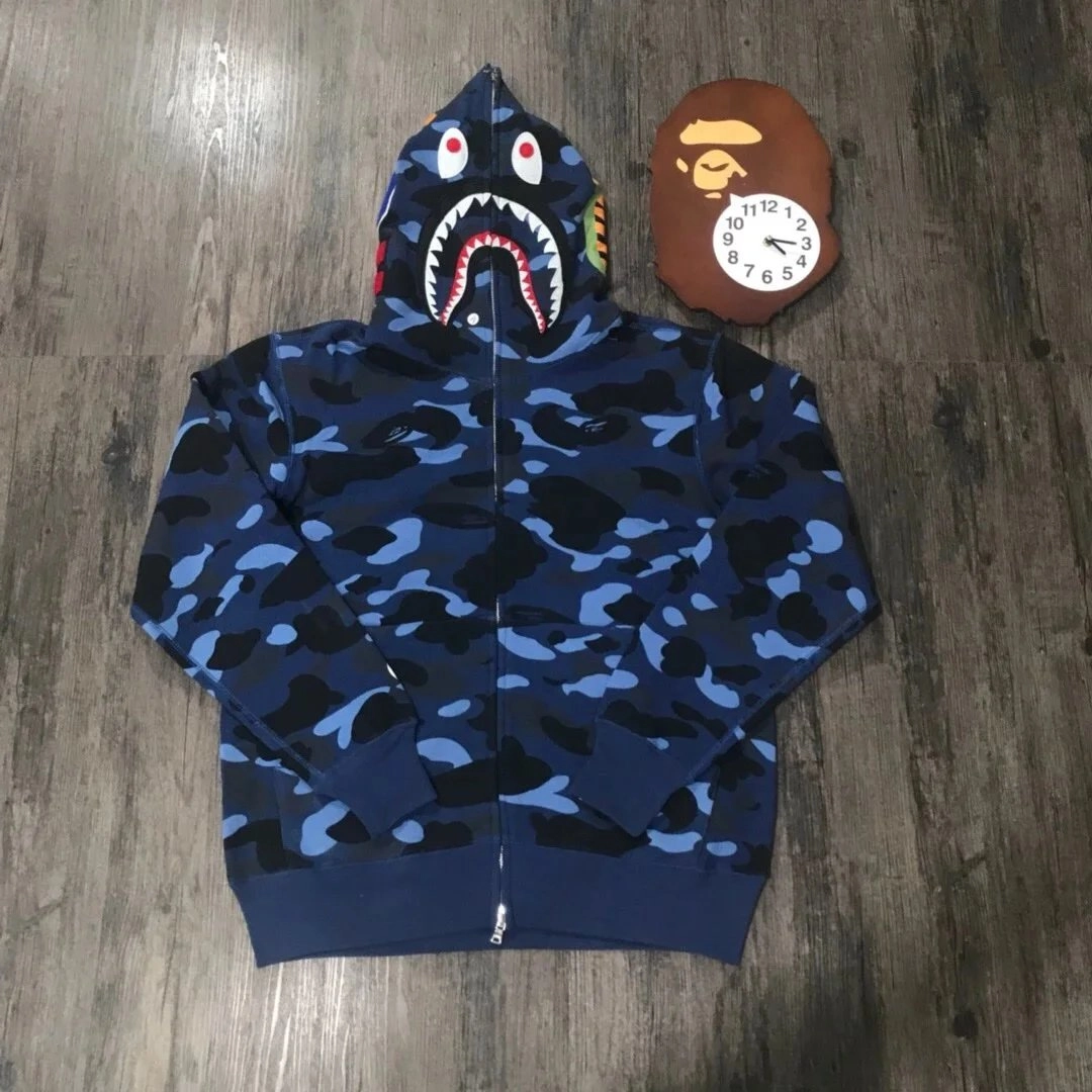 BAPE Shark Hoodie Blue Camo Full-Zip with 3D Hood Design
