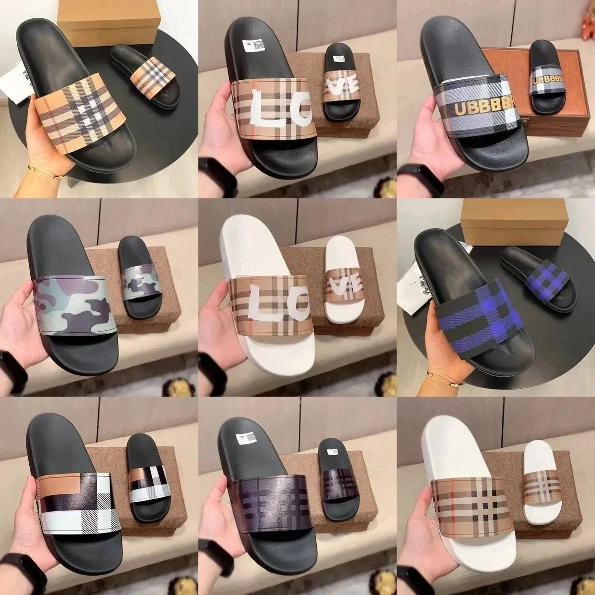 Burberry Check Slide Sandals with Logo Band - Beige Plaid